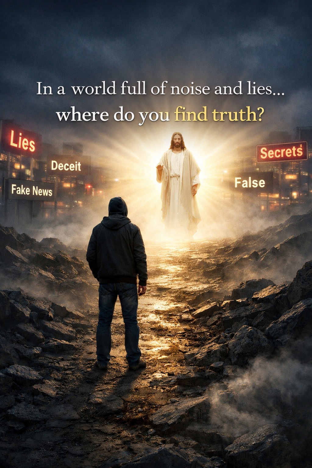 An image with Christ in the background and a man standing and facing Him, with the words, Lies, Fake News, Deceit, Secrets, False, and the statement, "In a world full of noise and lies... where do you find truth?"