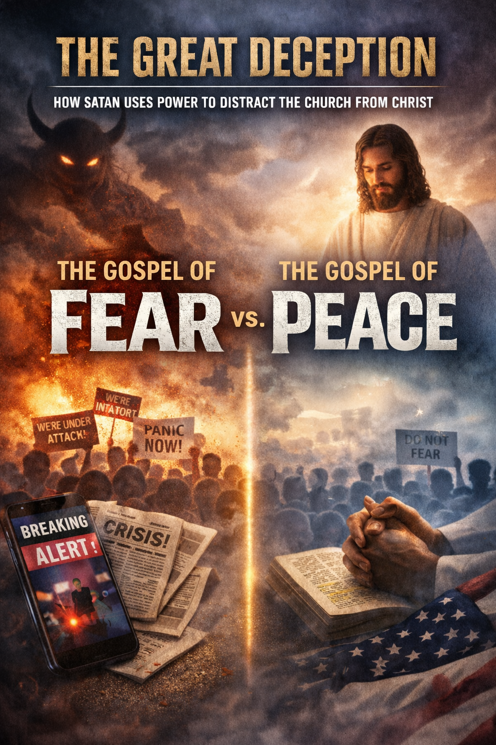 An image with Jesus, Satan, books and the Bible with the words, "The Great Deception - The Gospel of Fear vs The Gospel of Peace"